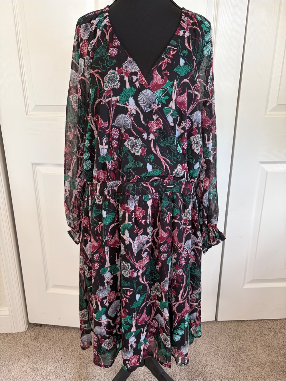 Modcloth Opening Night Ballet Dark Floral V-Neck Long Sleeve Midi Dress 1X NWT